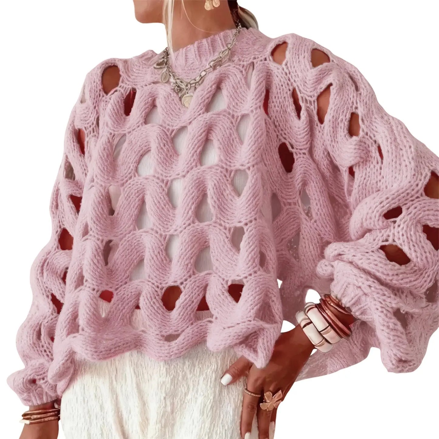 Women Boho Loose Balloon Sleeve Hollow Out Cable Knit Oversized Pullover Sweater Spring Autumn Layering Top