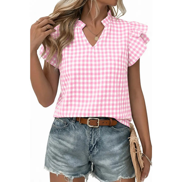 Gingham Ruffle Cap Sleeve V Neck Casual Blouse