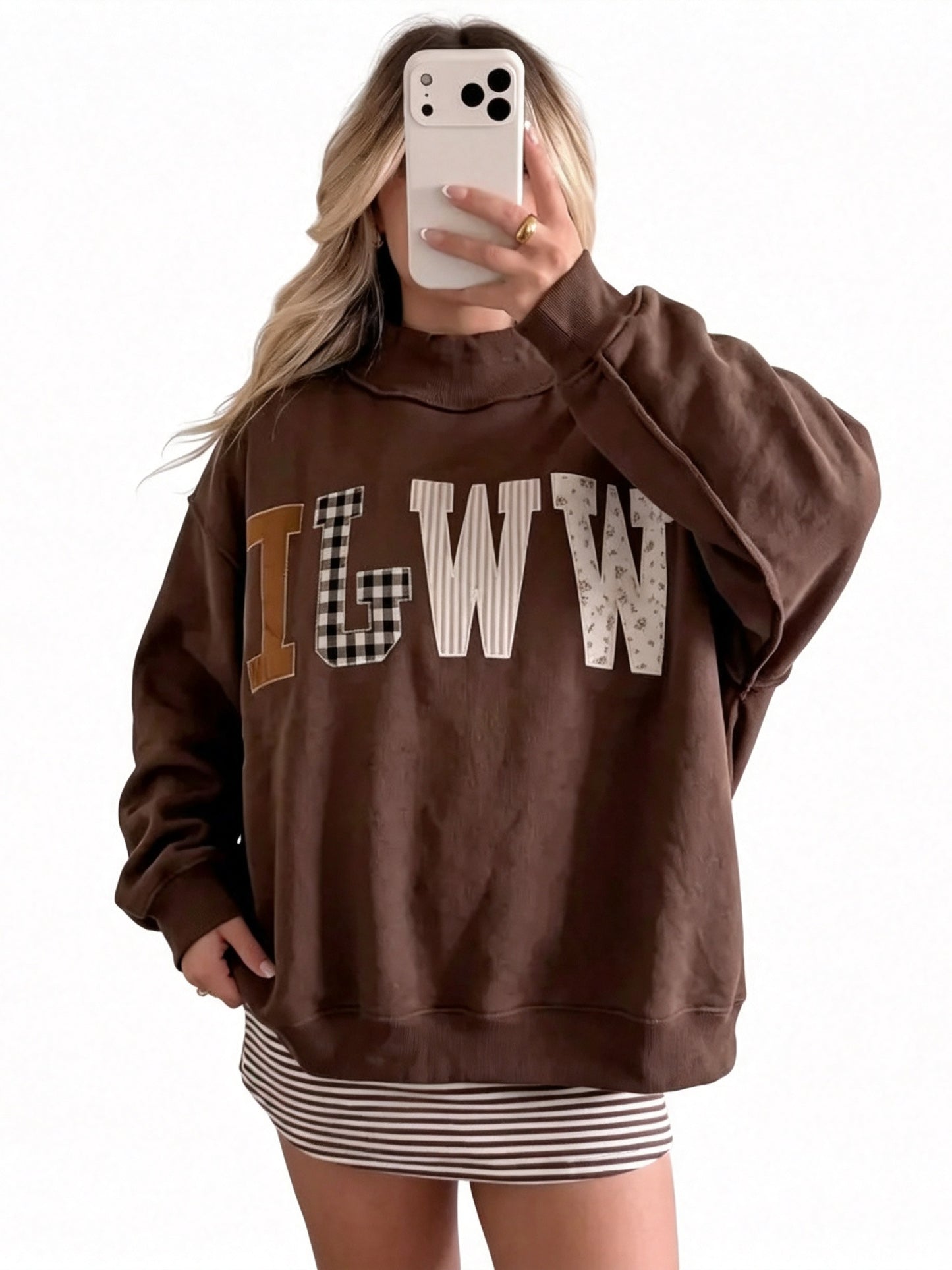 Women Mock Neck Applique Letter Pullover Sweatshirt