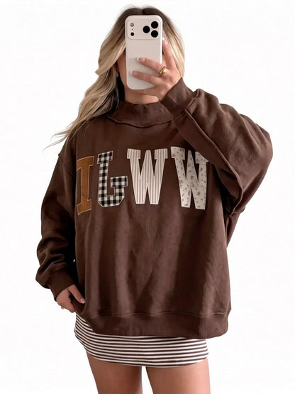 Women Mock Neck Applique Letter Pullover Sweatshirt