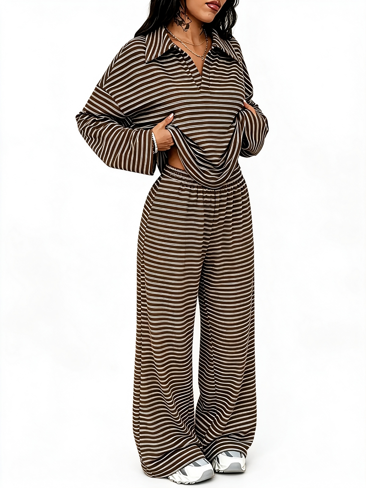 Women Striped V‑Neck Two‑Piece Casual Set
