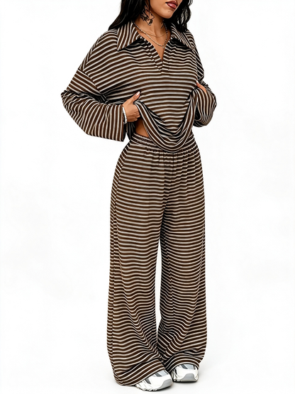 Women Striped V‑Neck Two‑Piece Casual Set
