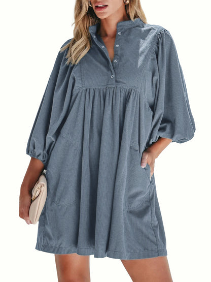 Women Stand Collar Snap Button Empire Waist Mini Dress Bracelet Puff Sleeve With Pockets