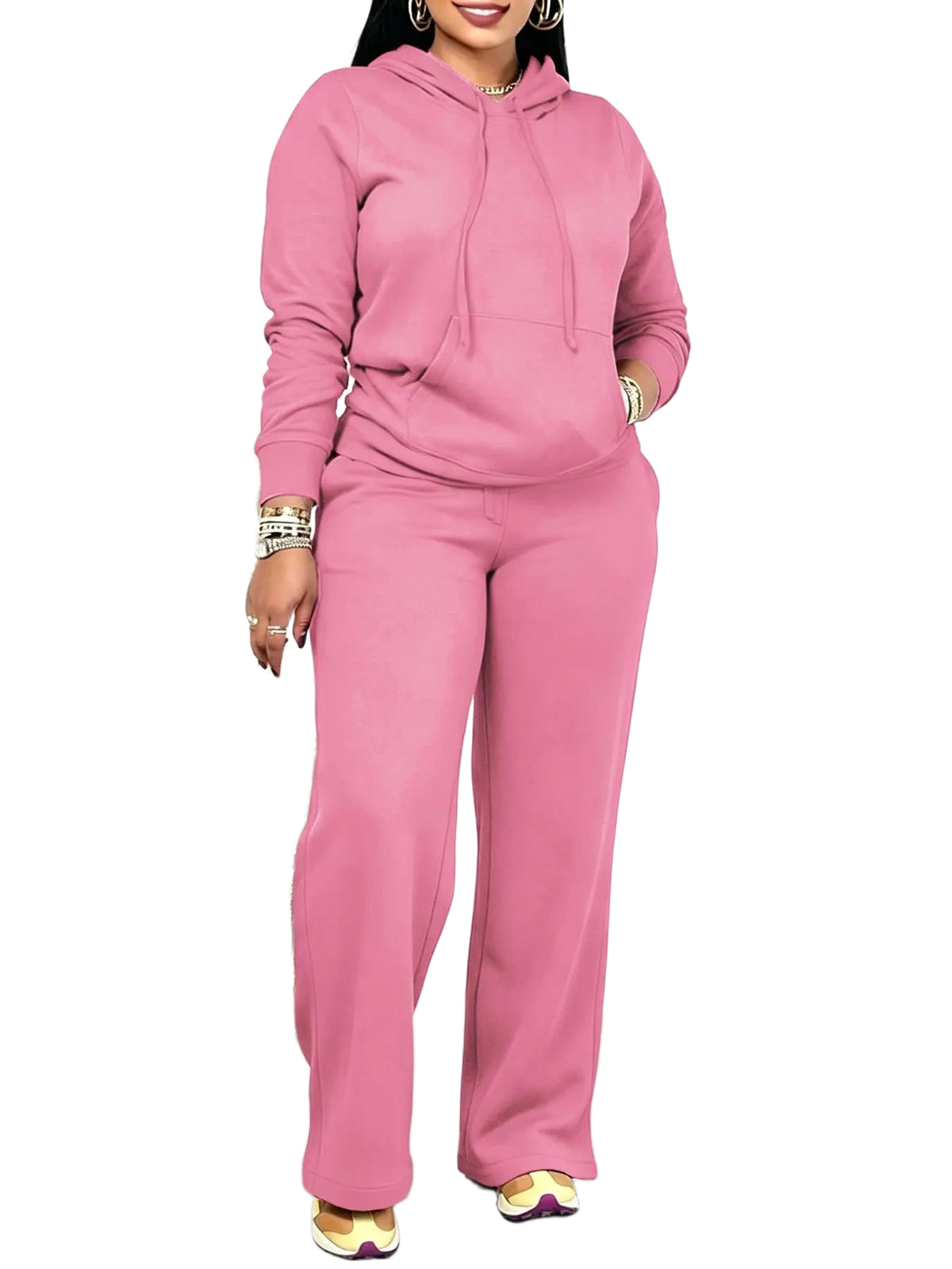 Women Solid Hooded Two Piece Outfit With Pockets