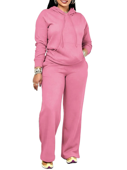Women Solid Hooded Two Piece Outfit With Pockets