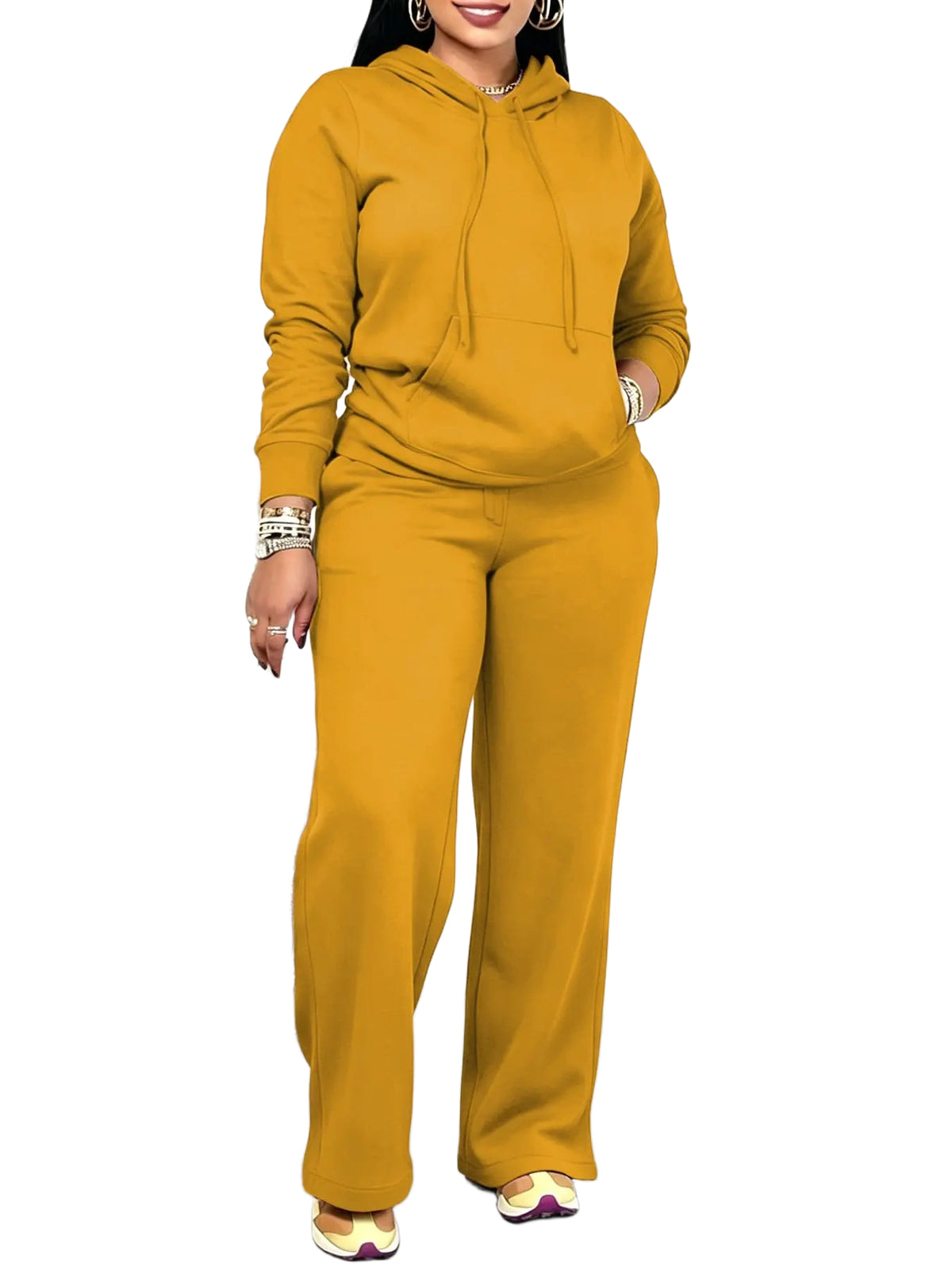 Women Solid Hooded Two Piece Outfit With Pockets
