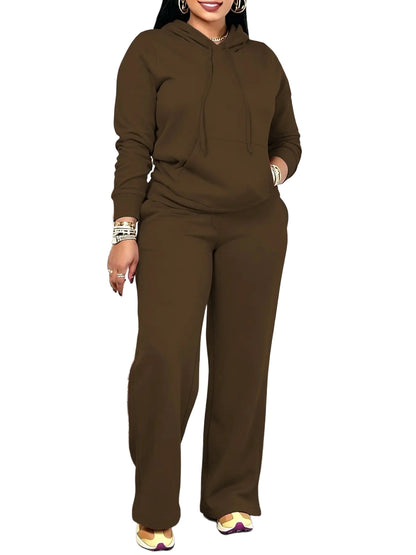 Women Solid Hooded Two Piece Outfit With Pockets