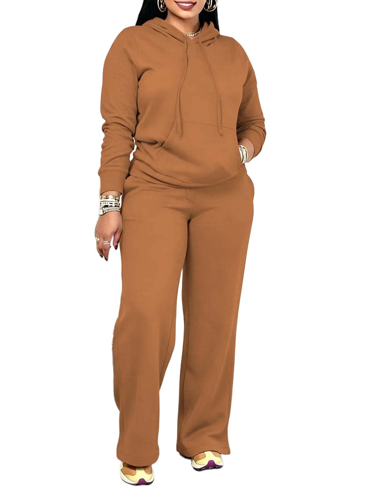 Women Solid Hooded Two Piece Outfit With Pockets