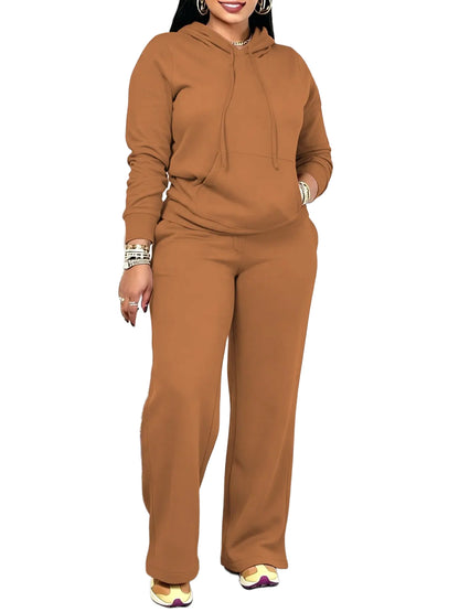 Women Solid Hooded Two Piece Outfit With Pockets