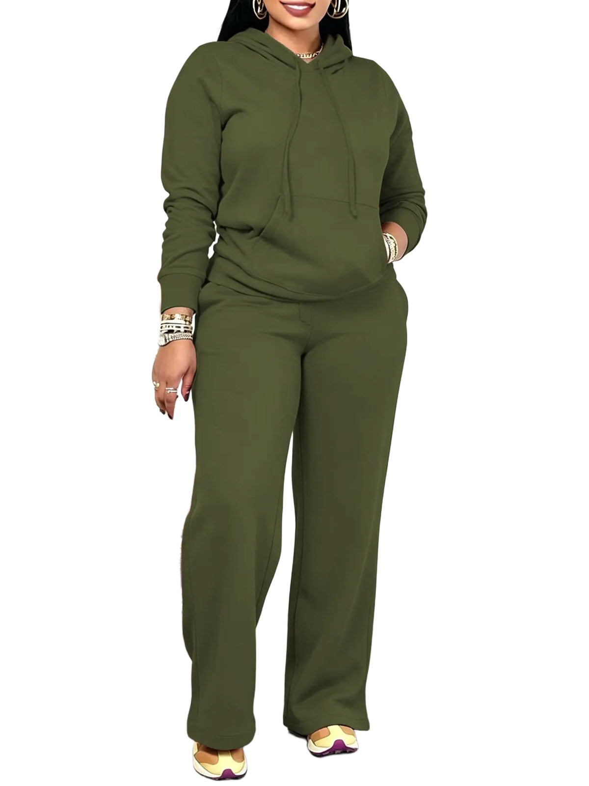Women Solid Hooded Two Piece Outfit With Pockets
