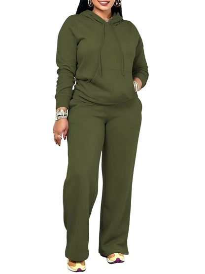 Women Solid Hooded Two Piece Outfit With Pockets