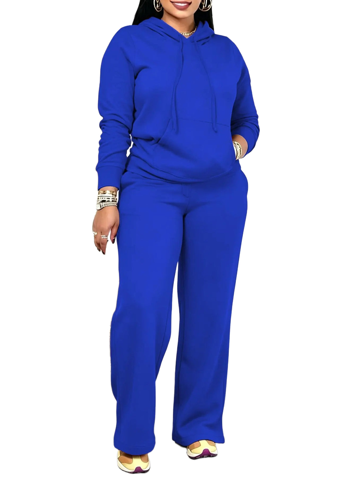 Women Solid Hooded Two Piece Outfit With Pockets