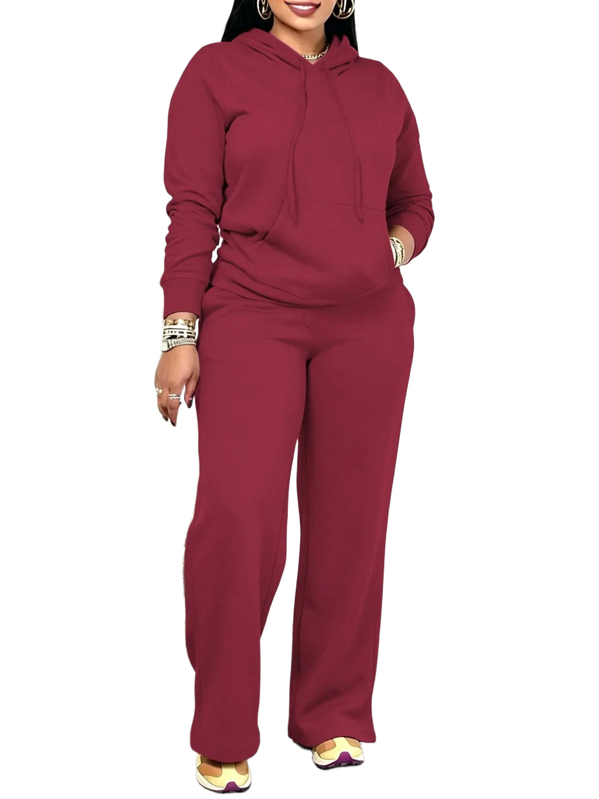 Women Solid Hooded Two Piece Outfit With Pockets