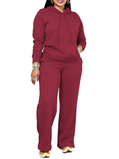 Women Solid Hooded Two Piece Outfit With Pockets