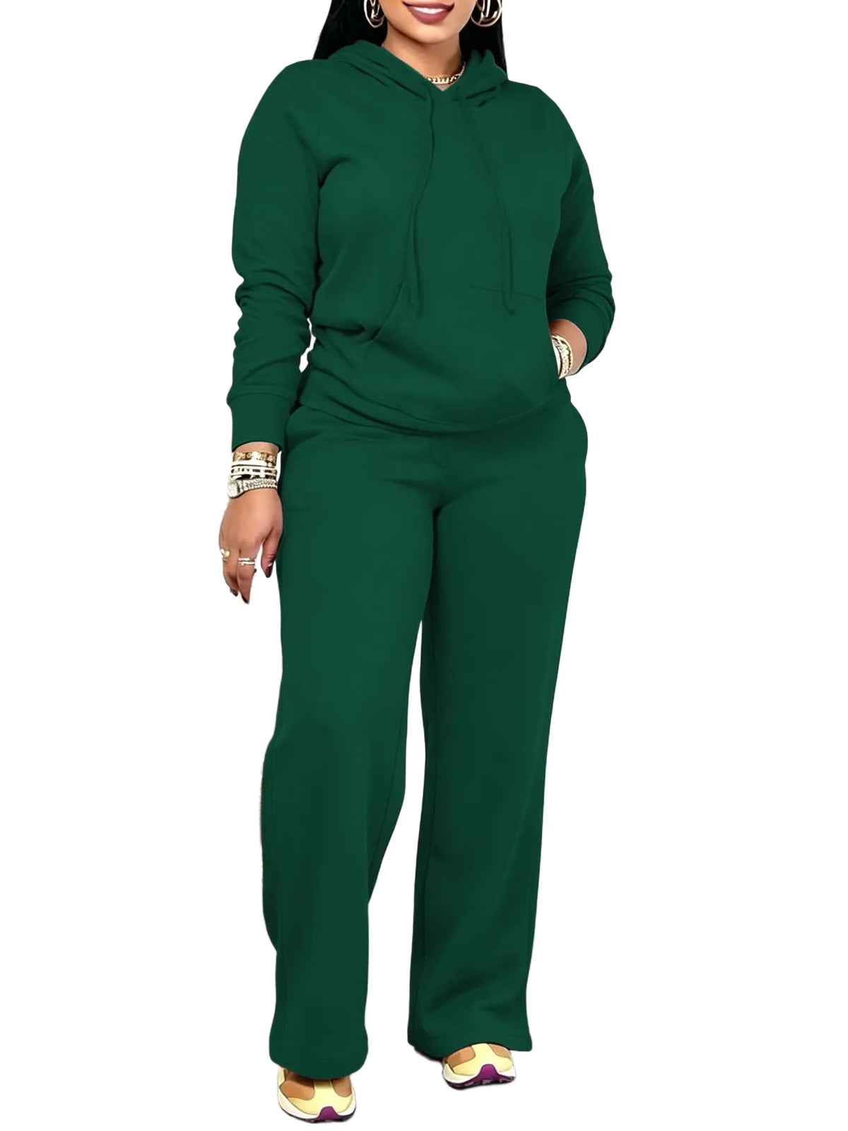 Women Solid Hooded Two Piece Outfit With Pockets