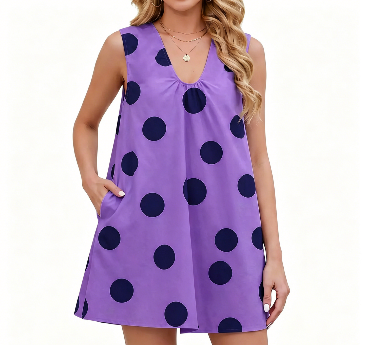 Sleeveless Polka Dot V Neck Shift Mini Dress