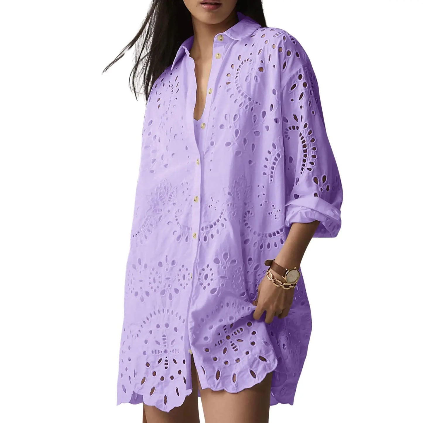 Oversized Eyelet Embroidered Long Sleeve Shirt Dress