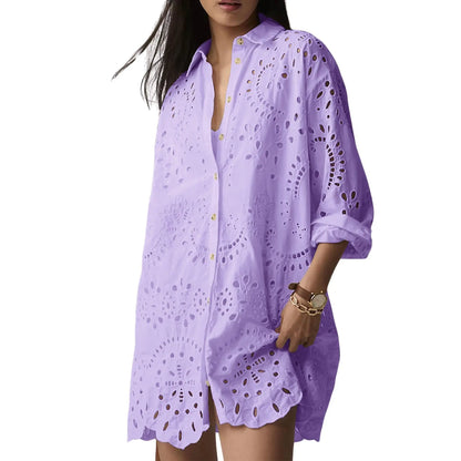 Oversized Eyelet Embroidered Long Sleeve Shirt Dress