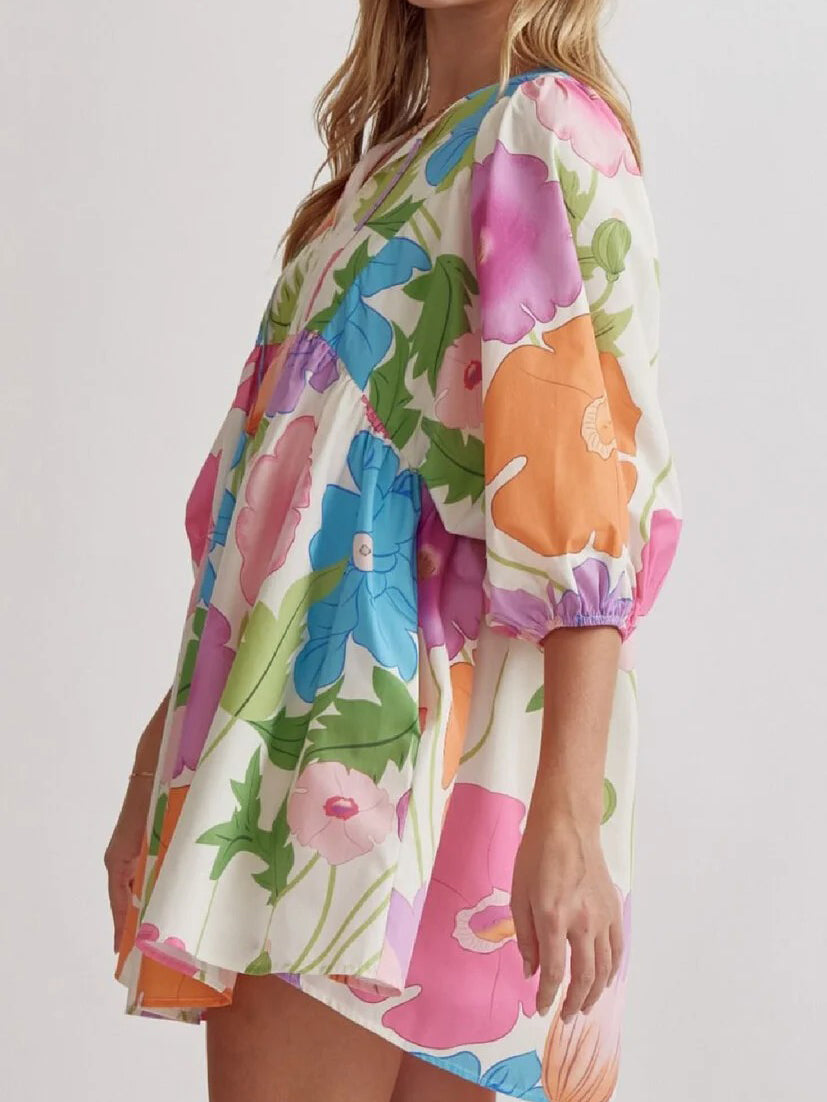 Women's Colorful Floral Half Sleeve Babydoll Dress