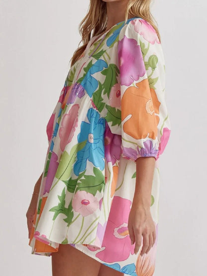 Women's Colorful Floral Half Sleeve Babydoll Dress