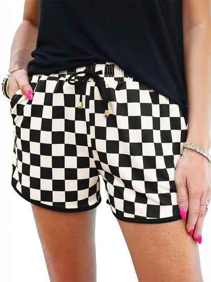 🥰Ladies Check Drawstring Elastic Waist Summer Casual Shorts