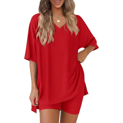 Buttery Soft Lounge Set for Women – Oversized V-Neck Tee & Matching Shorts