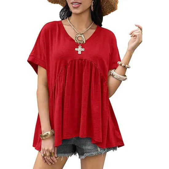 V Neck Ruffle Peplum Short Sleeve Tunic Top