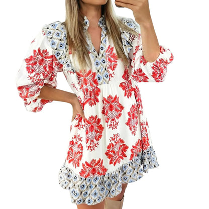 Women Puff Sleeve Ruffled Patchwork Printed V Neck Mini Dress with Pockets