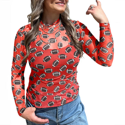 Fashion Football Print Mesh Mock Neck Layering Top