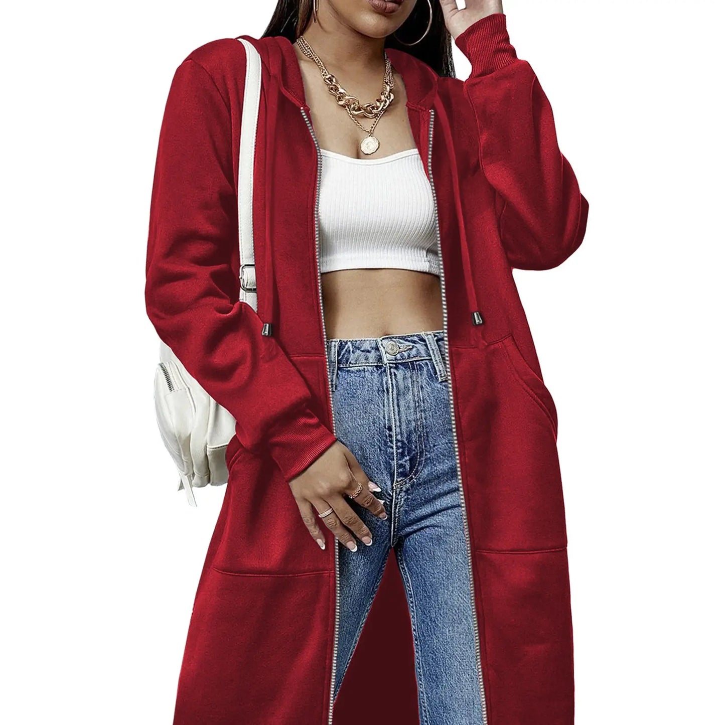 Women Oversized Full Zip Long Length Hooded Jacket with Side Pockets