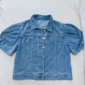 2026 Women's Vintage Bubble Sleeve Fitted Slim Denim Crop Jacket