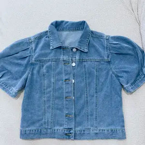 2026 Women's Vintage Bubble Sleeve Fitted Slim Denim Crop Jacket