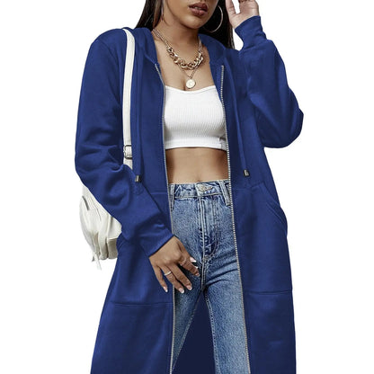 Women Oversized Full Zip Long Length Hooded Jacket with Side Pockets