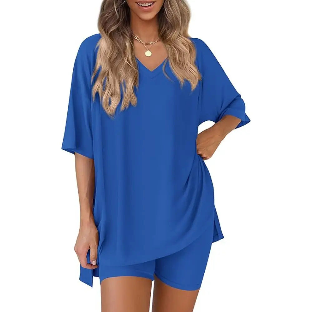 Buttery Soft Lounge Set for Women – Oversized V-Neck Tee & Matching Shorts