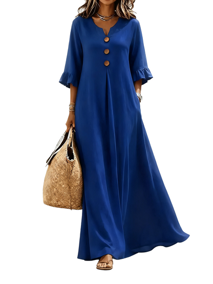 Women Boho Casual A‑Line Maxi Dress, V‑Neck Wooden Buttons Ruffled Long Sleeve Loose Solid Color Dress