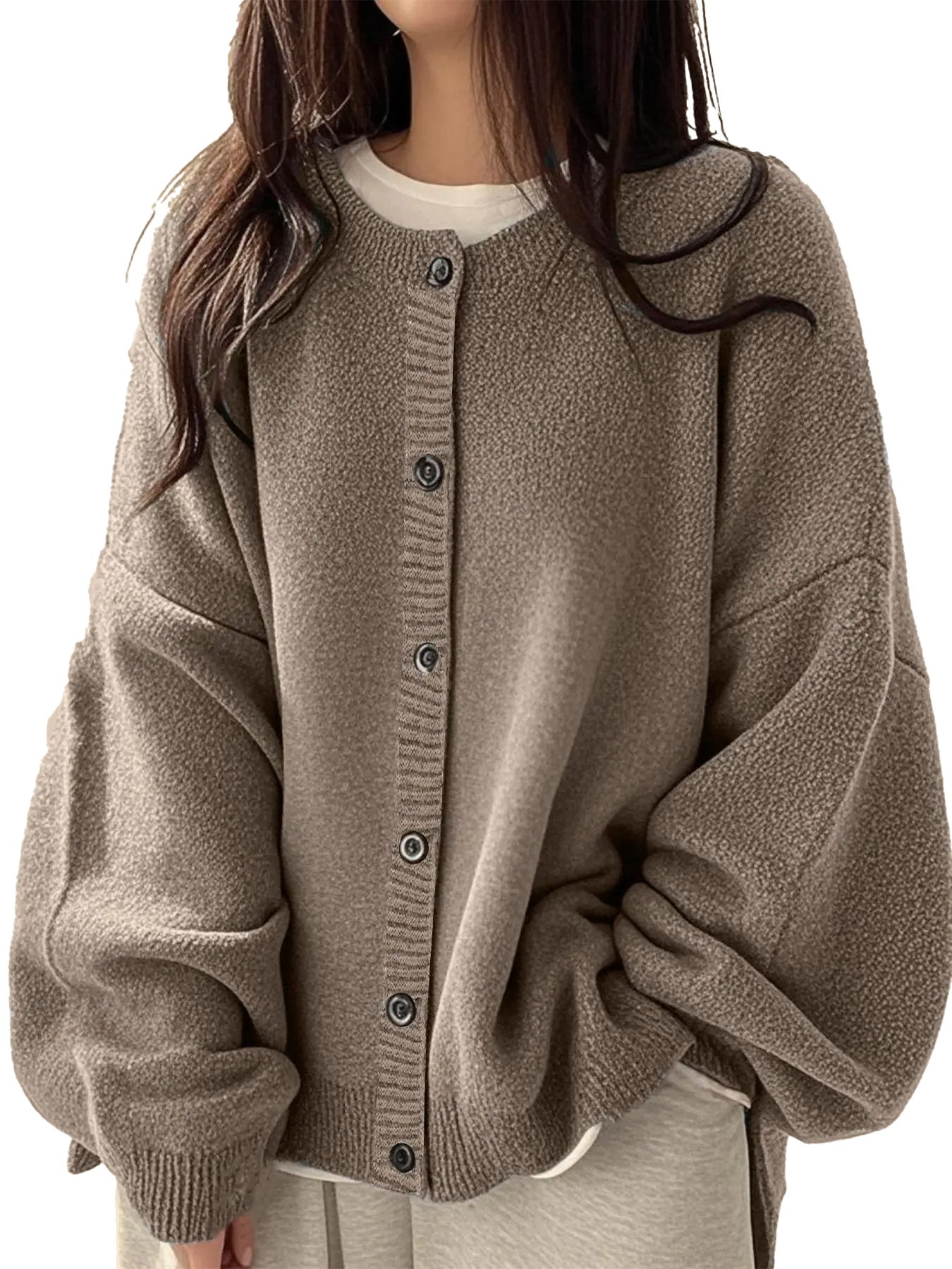Loose Round Neck Knit Cardigan & Basic Button‑Up Lantern‑Sleeve Outer Top