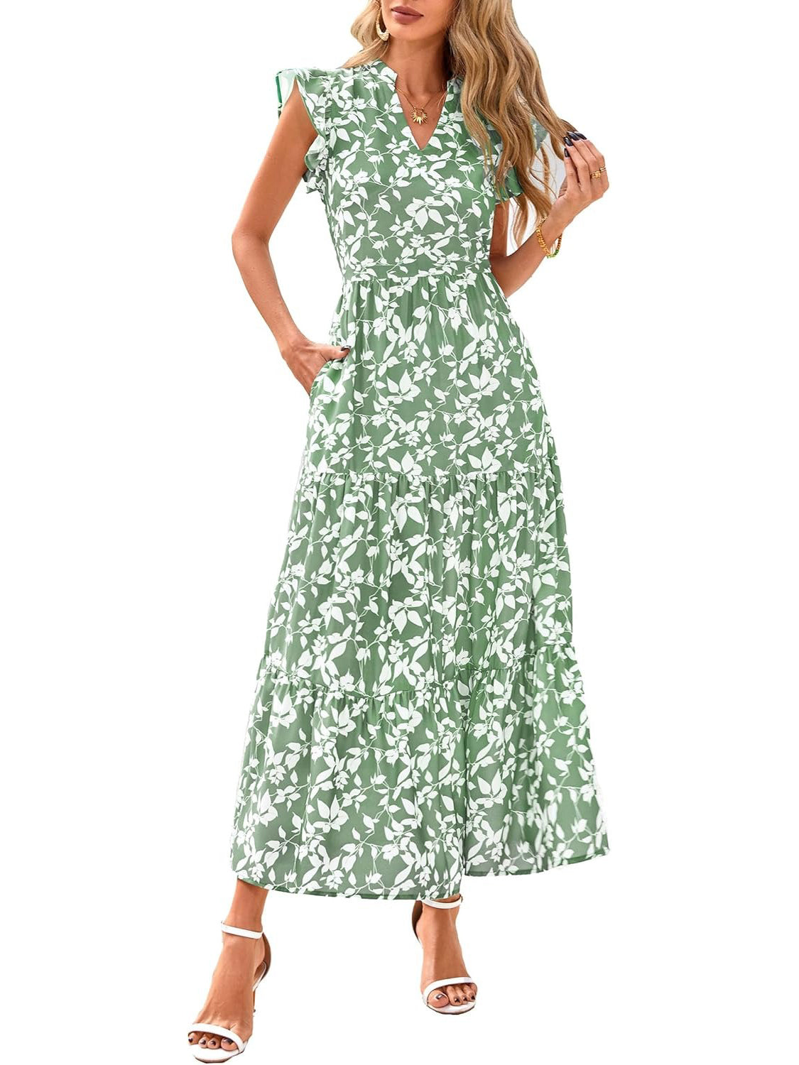 ⏰Hot Sale-Women's Boho Print V Neck Ruffle Maxi Dress