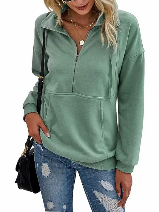 Women's Half Zip Lapel Drawstring Sweatshirt