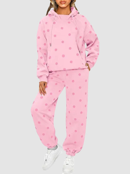 Women Casual Loose Fit Polka Dot Hooded Pullover And Jogger Pants Co‑Ord Set