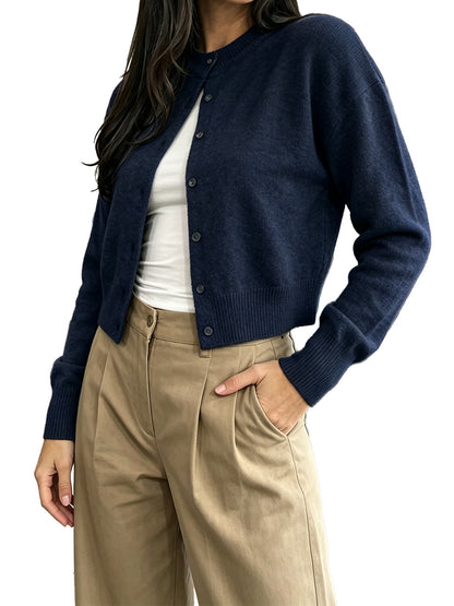 Crew Neck Button‑Front Cropped Cardigan | Sleek Clean Silhouette