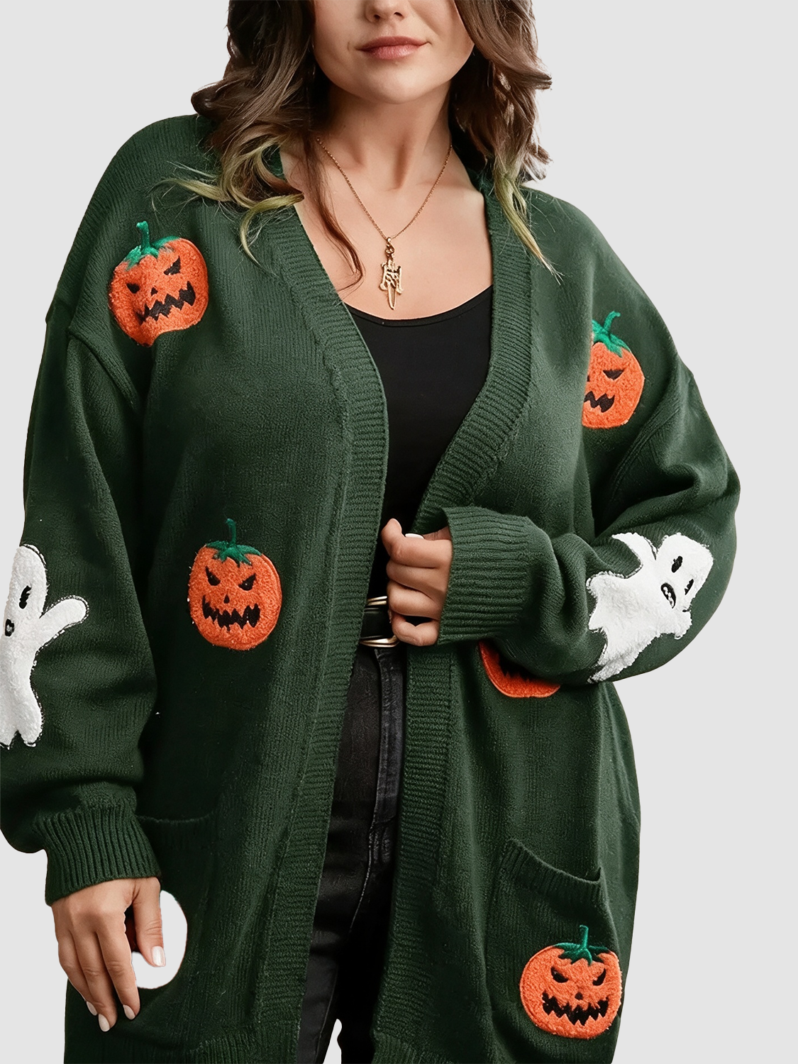Women Casual Medium Length Pocket Halloween Embroidery Knit Open Cardigan