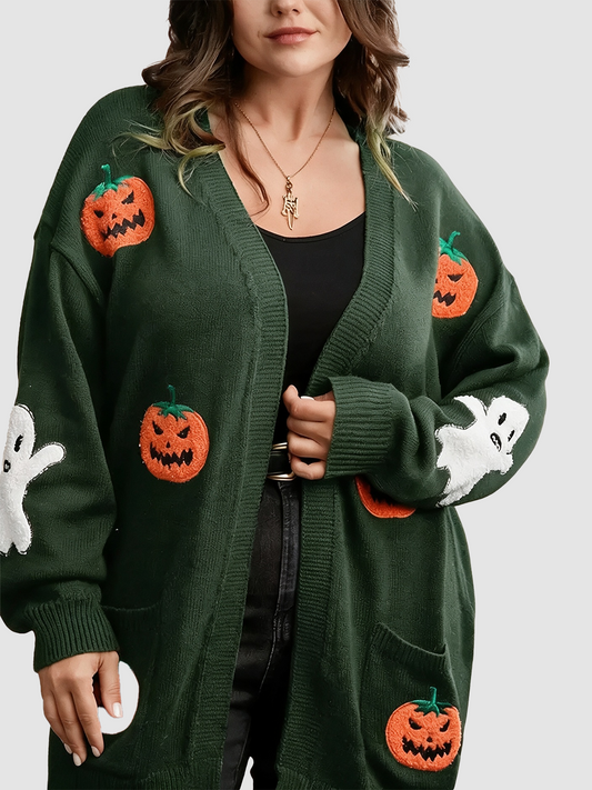 Women Casual Medium Length Pocket Halloween Embroidery Knit Open Cardigan