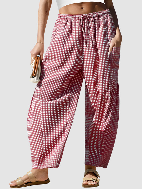 Gingham Drawstring Barrel Wide Leg Pants
