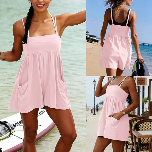 Summer Strappy Romper for Women Square Casual Oversized Workout Athletic Romper Neck Backless