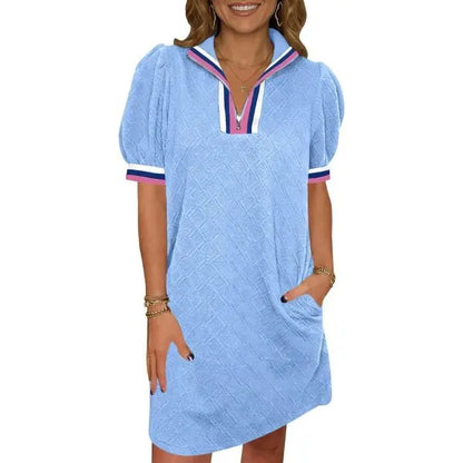 Color Block Collar Zip Puff Sleeve Casual Mini Dress