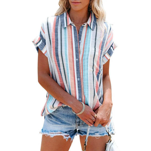 ⏰Hot Sale-Collared Vertical Stripe Rolled Cuff Button Down Casual Shirt