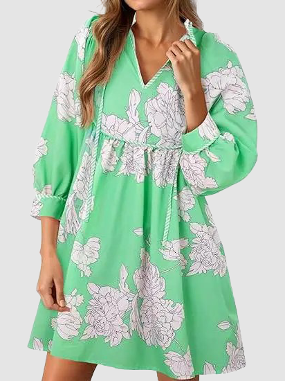 Tassel Trim V Neck Drawstring Empire Waist Floral Print Bubble Sleeve Mini Dress