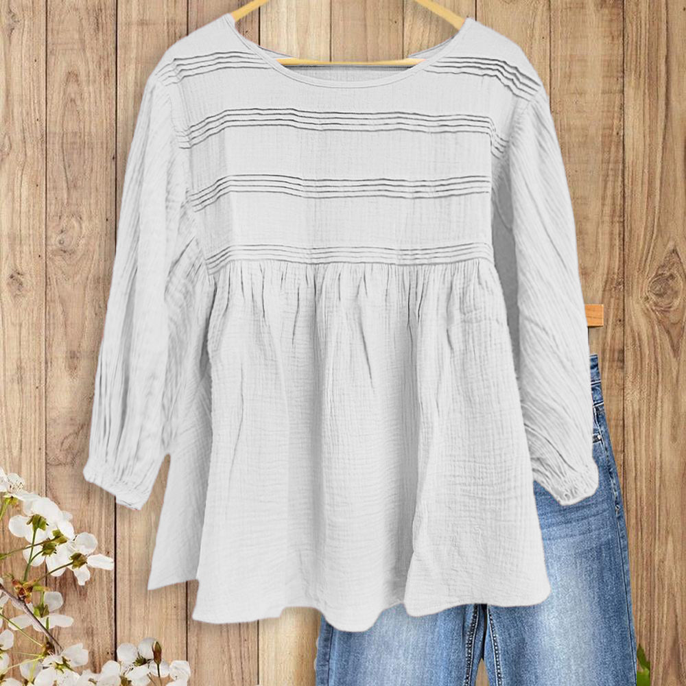 Women's 3/4 Puff Sleeve Blouse with Ruffled Cuffs & Pleated Details