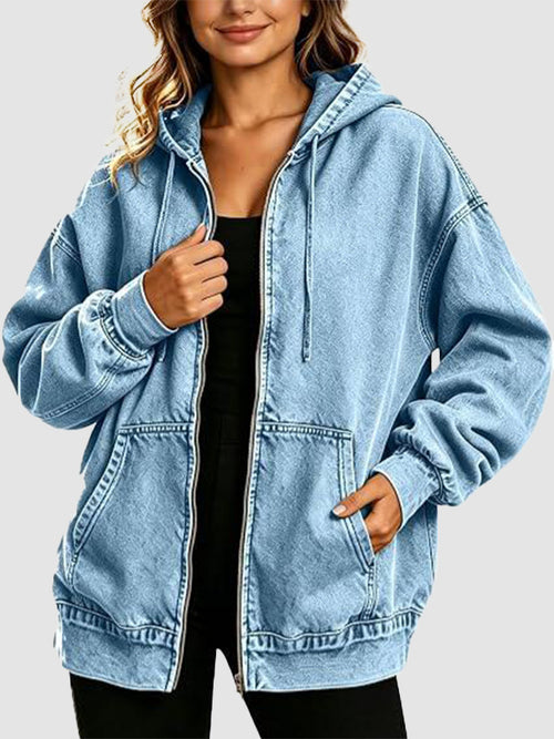 Oversized Zip Up Hooded Denim Jacket