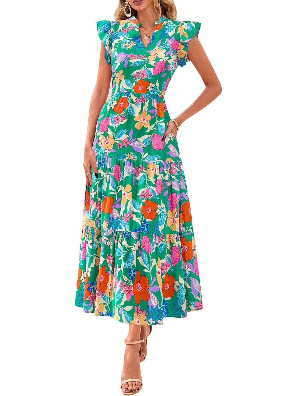 ⏰Hot Sale-Women's Boho Print V Neck Ruffle Maxi Dress